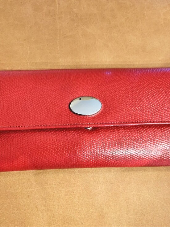 Pottery Barn Handbags - Pottery Barn Red Textured Leather Wallet Clutch with Oval Silver Accent